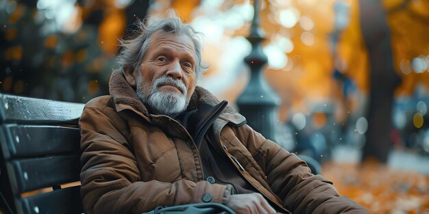 Rustende dakloze man op een bankje in het park met een tas Concept documentaire fotografie dakloosheid stedelijk leven sociale kwesties Outdoor portretten