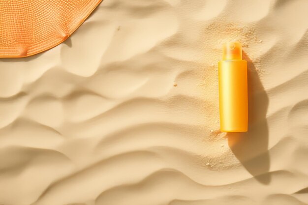 Foto rustgevende summertime bliss zonnebrandspray en handdoek op zandstrand een boeiende platte lay
