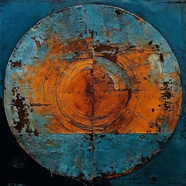 Rustic Abstraction Blue And Orange Circular Panels In Industrial Texture