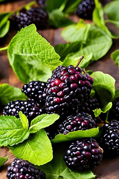 On a rustic aged wooden table there is a lush and succulent blackberry in the foreground