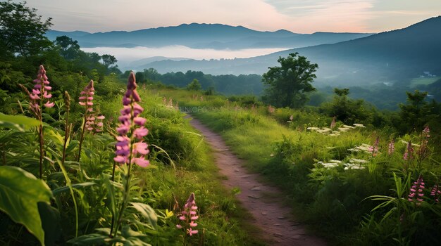 A rustic appalachian trail with wildflowers and mountains