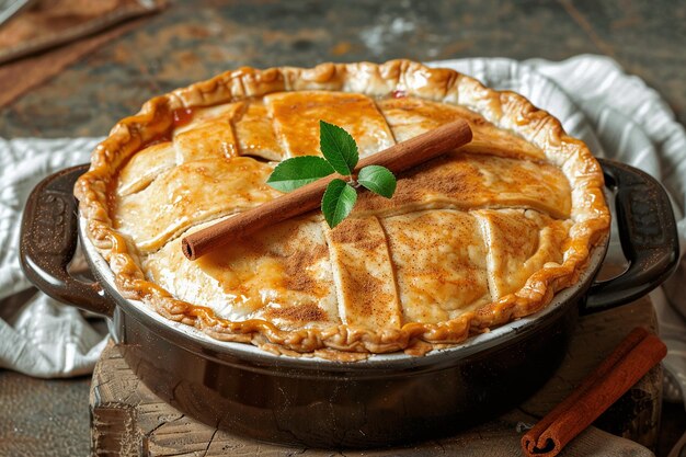 A rustic apple pie with a cinnamon stick garnish