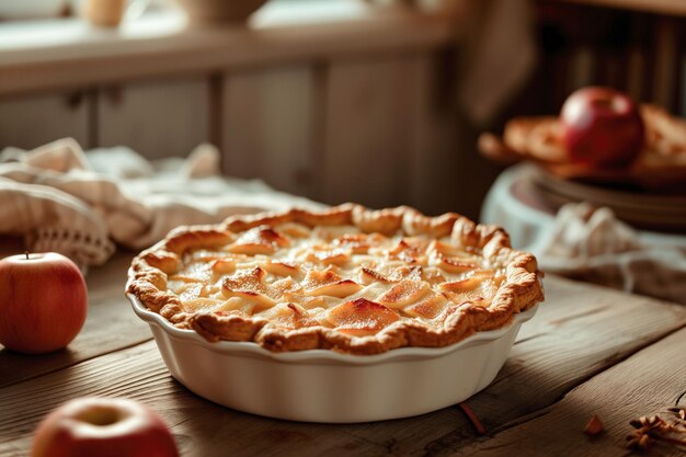 Rustic apple pie on wood