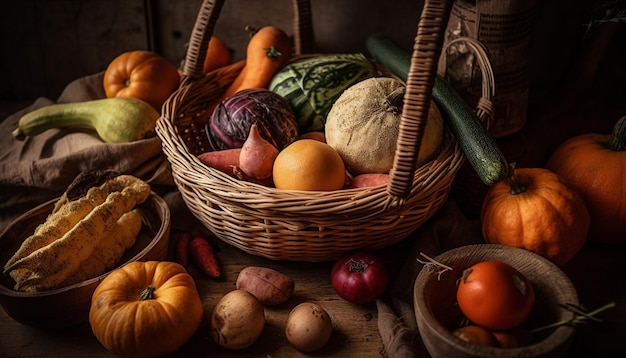 Rustic autumn basket gourds squash pumpkins vegetables generated by AI