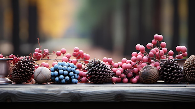 Rustic Autumn Bounty with Pine Cones Berries and Wooden Accents on a Weathered Porch Rail