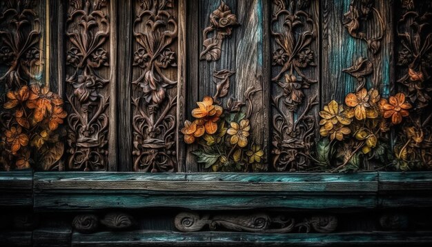 Rustic autumn still life Antique plank frame with ornate decoration generated by AI