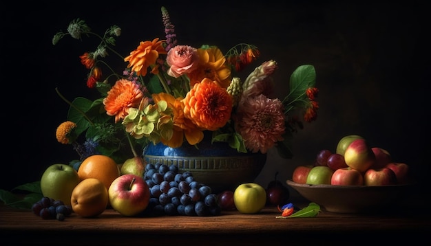 AI によって生成された素朴な秋の静物画の新鮮なフルーツの花束