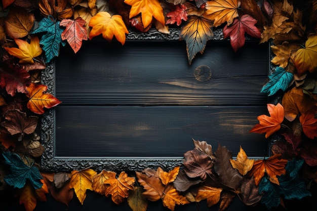 Rustic autumn tableau Leaves frame atop vintage wood orange yellow hues