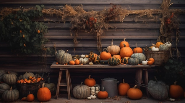 Rustic autumn vibes with fall foliage and pumpkins