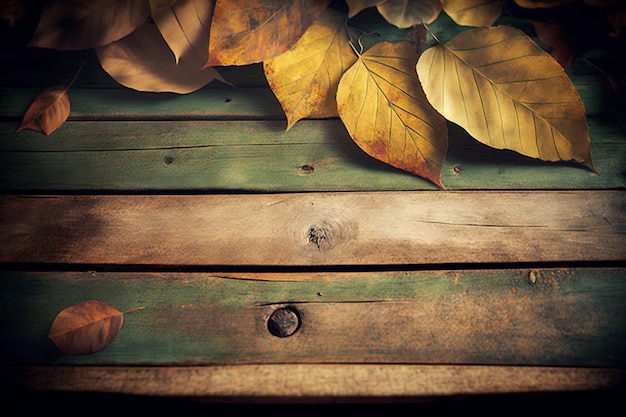 Photo rustic background with wooden table and leaves generative ai