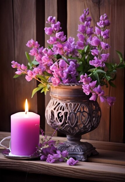 木製の背景に紫の花を飾った田舎のバッグ