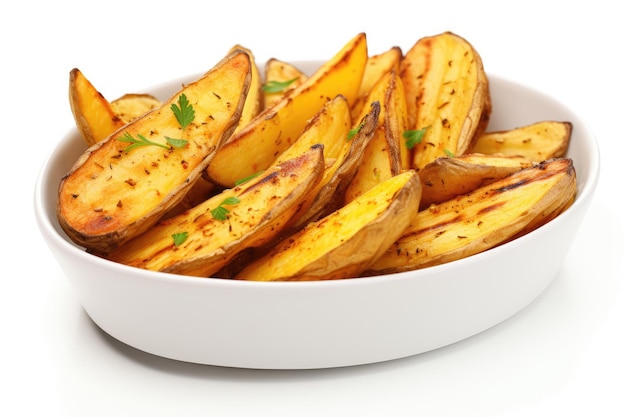 Rustic baked potato wedges on white background