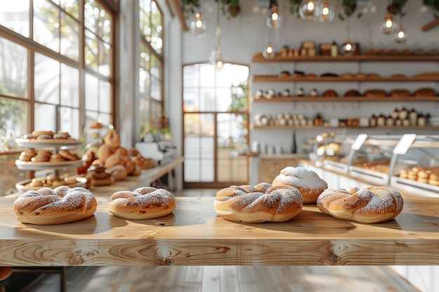 Photo rustic bakery interior boasting fresh breads and pastries on wooden shelves and countertops under