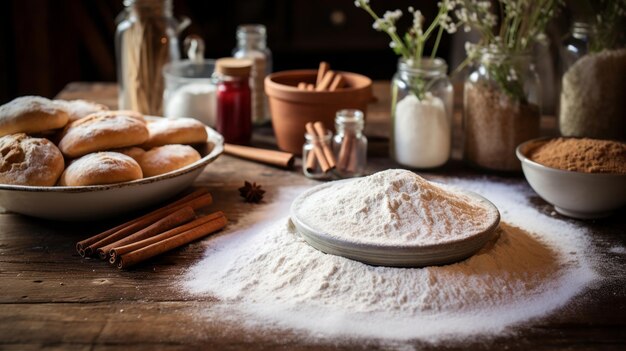 Rustic bakery scene with scattered cinnamon sticks and powder on a vintage wooden table