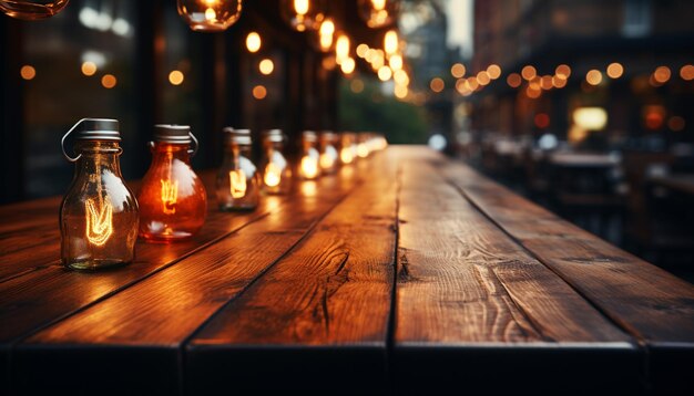 Photo rustic bar with old lanterns glowing glass and wooden table generated by ai