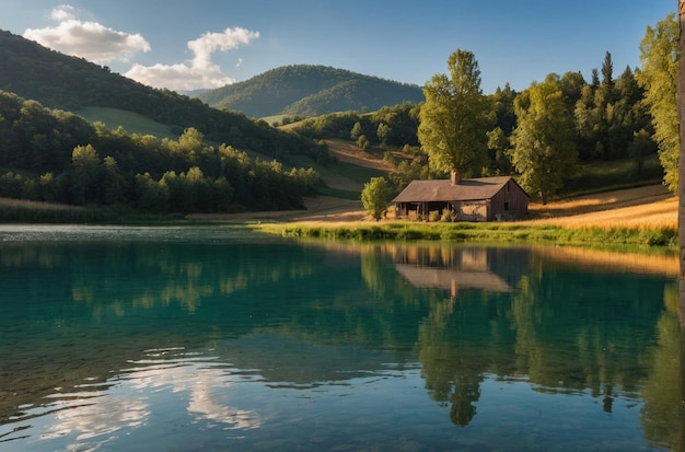 Rustic barn by a reflective lake in the valley