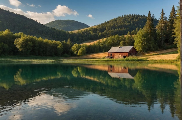 Rustic barn by a reflective lake in the valley