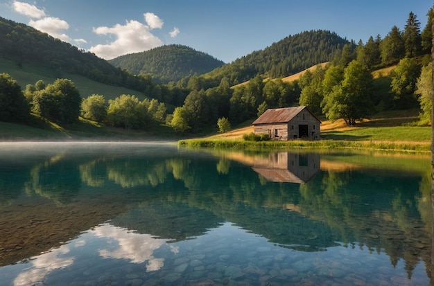 Rustic barn by a reflective lake in the valley