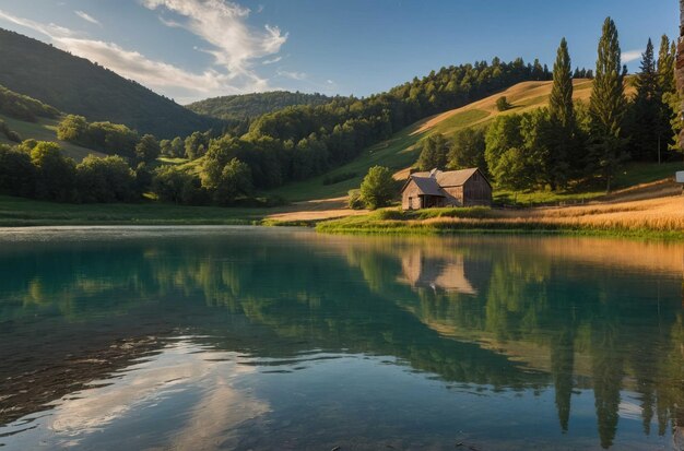 Rustic barn by a reflective lake in the valley