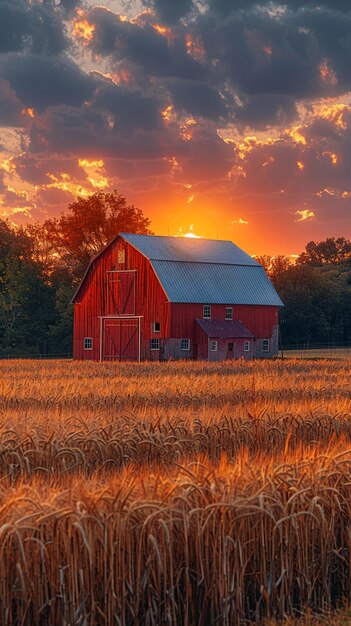 Foto un fienile rustico in un campo dorato al tramonto