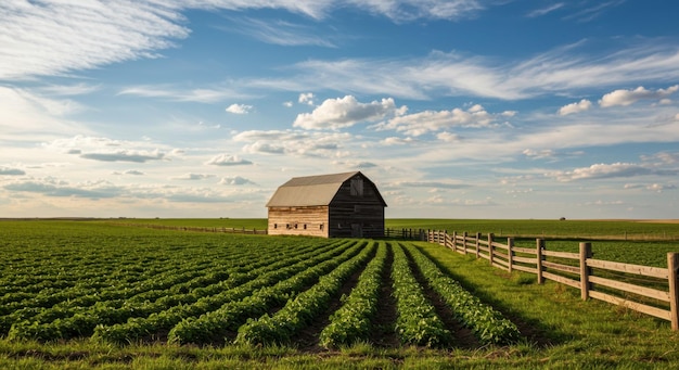 Rustic Barn and Green Farmland Under Blue Sky with Clouds