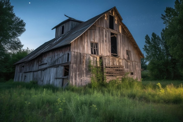 Rustic barn in moonlight with the lunar glow shining through the windows created with generative ai