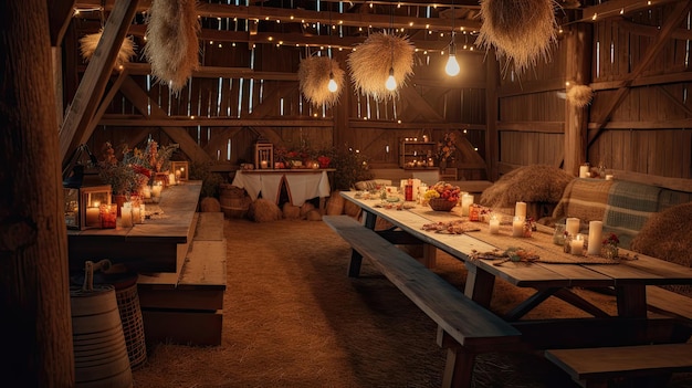 A rustic barn party setup with wooden barrels floral garlands and hanging greenery transforms the space into a rustic oasis Generated by AI