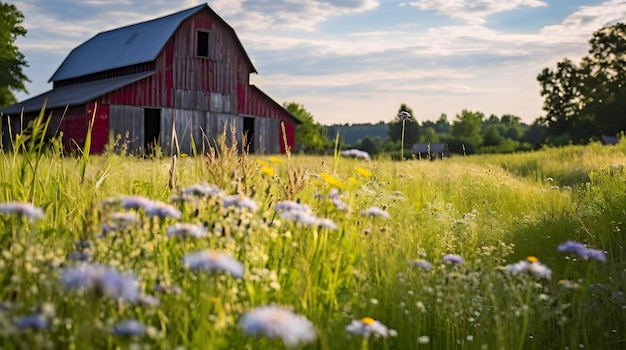 Photo a rustic barn surrounded by a meadow of wildflowers