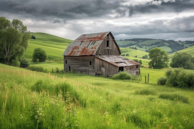 Photo rustic barn surrounded by meadows and rolling hills created with generative ai