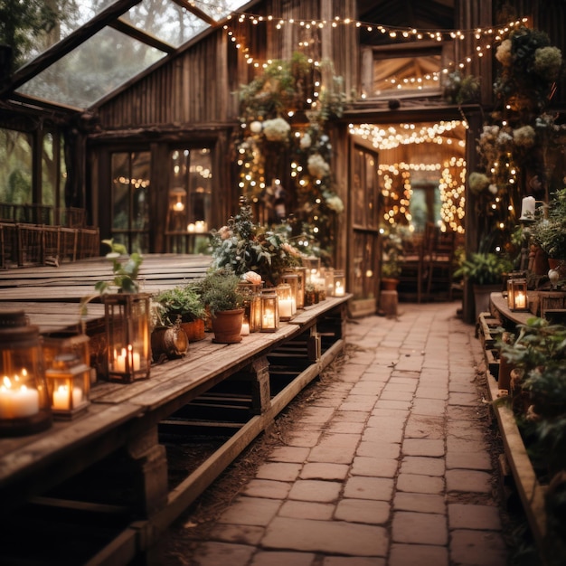 Rustic barn venue adorned with string lights and greenery