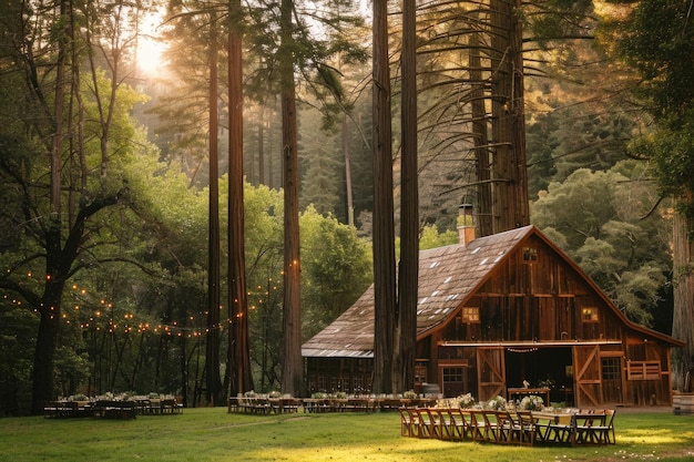 Rustic barn wedding venue in green forest surroundings