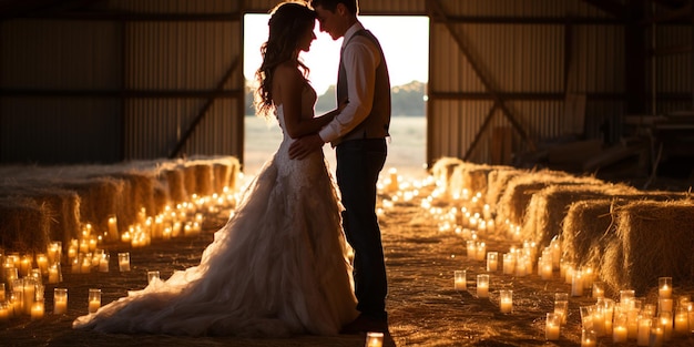 Photo a rustic barn wedding with hay bales mason background