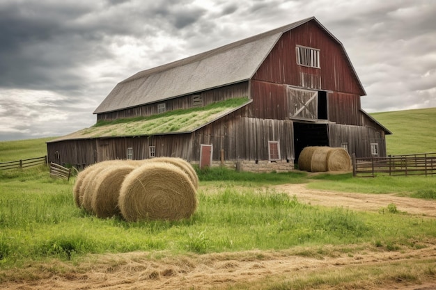 Rustic barn with bales of hay and horse in the background created with generative ai