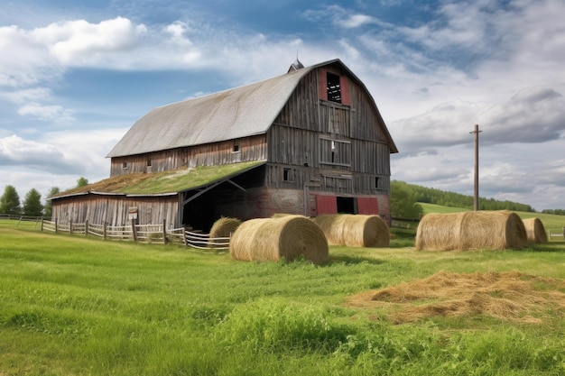 Rustic barn with bales of hay and horses in the pasture created with generative ai