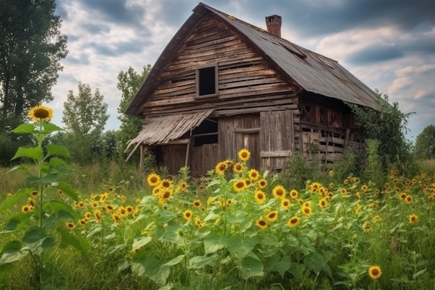 Rustic barn with sunflowers symbol of warmth and happiness created with generative ai