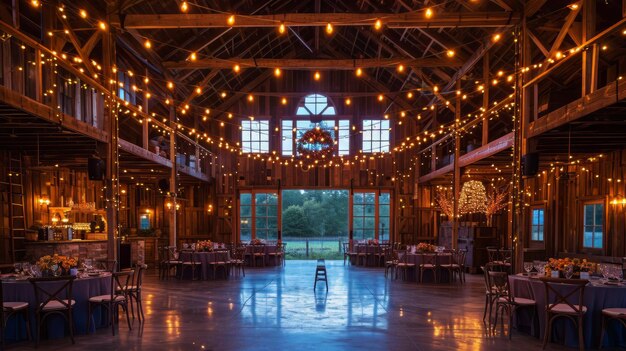 Rustic barnstyle event setting wooden beams country decor and cozy lighting suitable