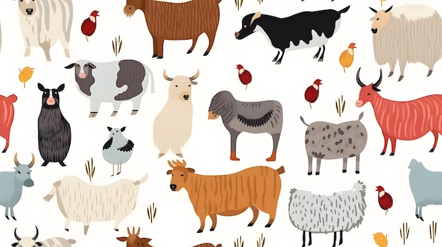 rustic barnyard animals pattern with a white background