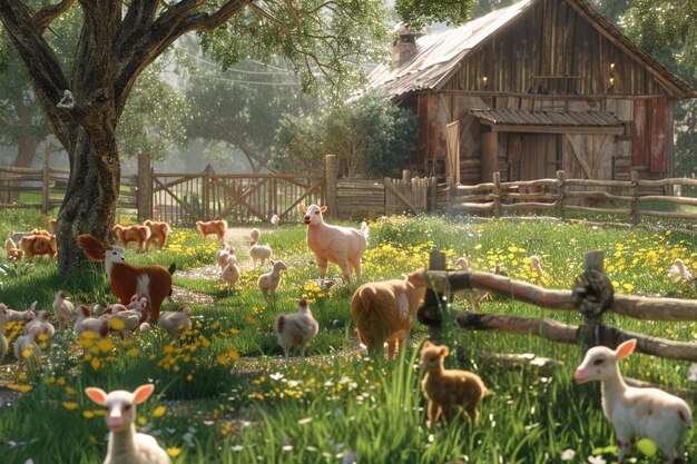 写真 rustic barnyard filled with playful farm animals o