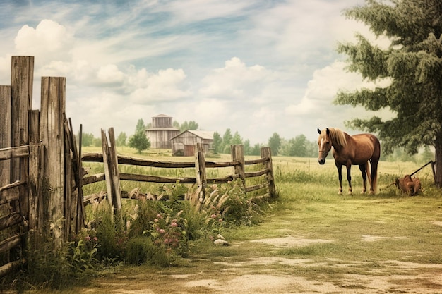 Photo rustic barnyard setting with weathered wooden fences and grazing horses