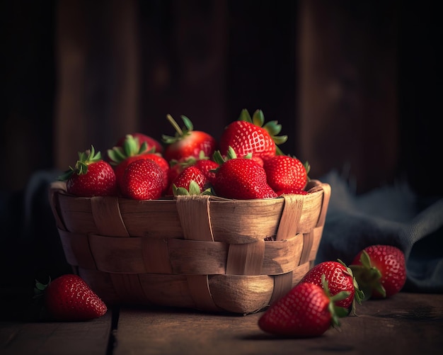 Rustic basket filled with fresh juicy strawberries on a wooden table A basket of strawberries on a wooden table