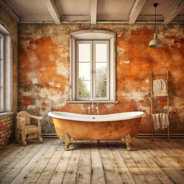 Rustic Bathroom Interior with Vintage Bathtub