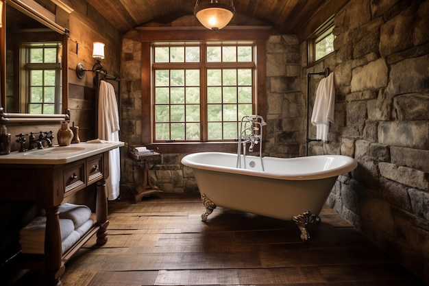 Rustic bathroom with a clawfoot tub stone accents and antique fixtures