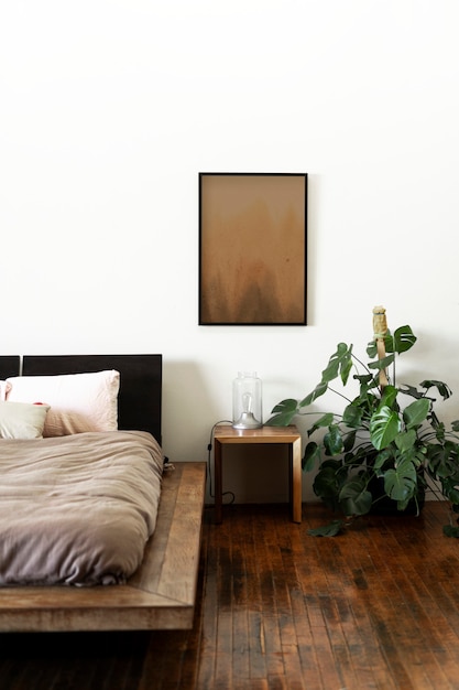 Photo rustic bedroom with dark wooden floors