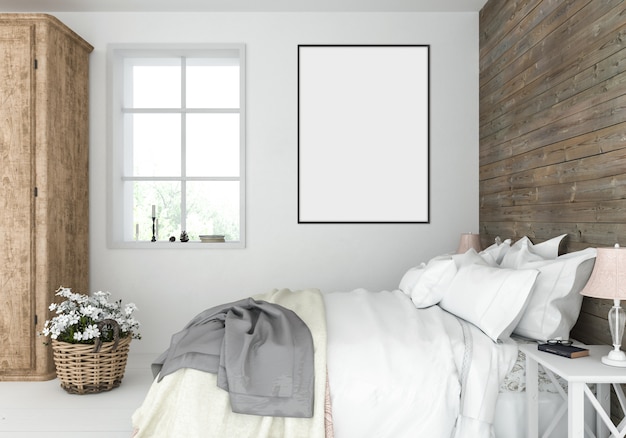 Rustic bedroom with empty vertical frame, artwork display