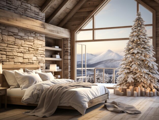 축제 크리스마스 트리, 눈 인 산 전망, 따뜻한 조명, 휴가 장식 개념과 함께 농촌 침실