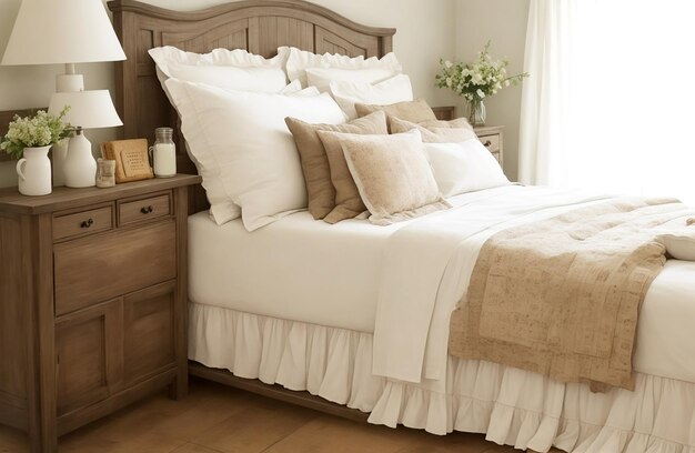 Rustic bedside chiffonier abreast bed with biscuit pillows of avant garde bedroom