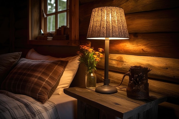 Rustic bedside lamp in a cozy cabin setting created with generative ai