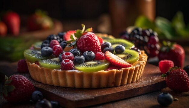 Photo a rustic berry tart with fresh blueberries and raspberries generated by ai