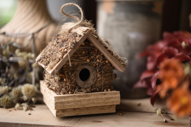 Rustic birdhouse with brown twine and natural seed mix visible created with generative ai