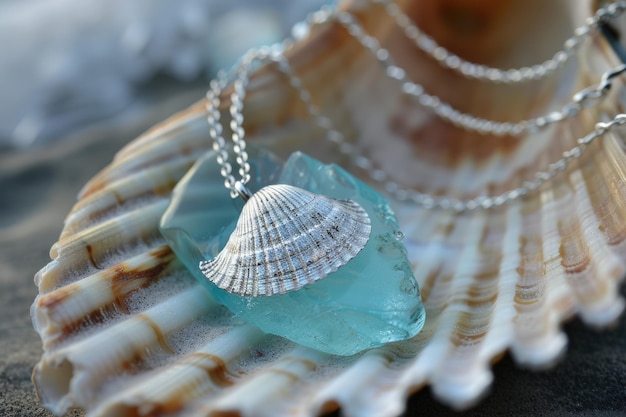 Foto collana di vetro blu marino rustico con fascino di conchiglie artigianale gioielli in legno alla deriva